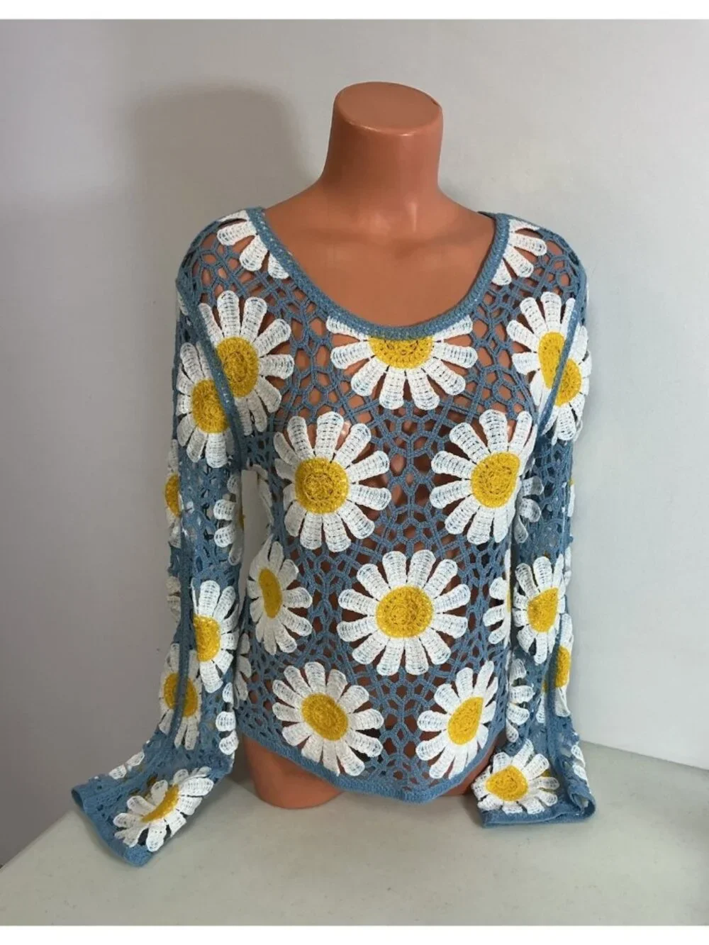 Rebellion Again Daisy Crochet Floral Flared Sleeve Blouse Boho Festival Medium - Picture 1 of 7
